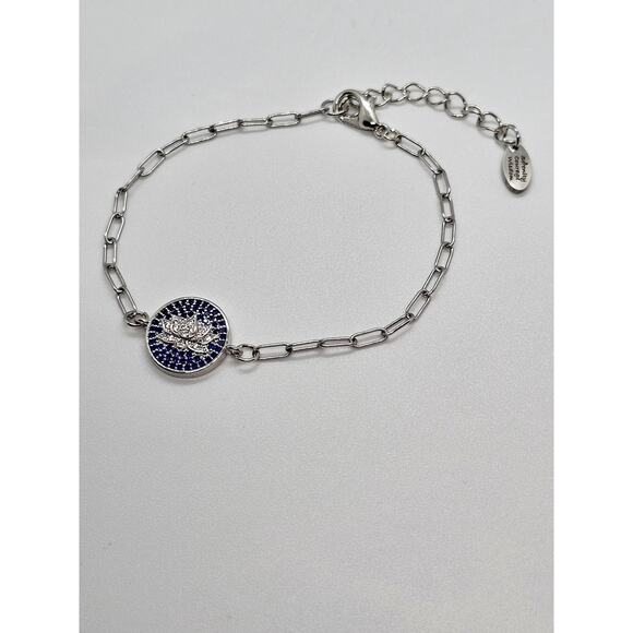 Handmade Lotus CZ Charm Bracelet Blue Stainless Steel Adjustable Paperclip Chain - Picture 3 of 4
